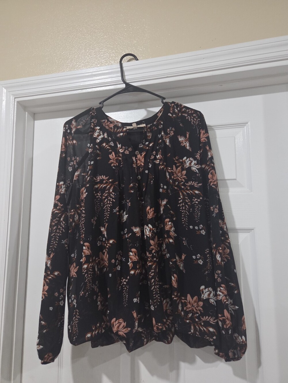 Black Floral Long Sleeve Peasant Blouse